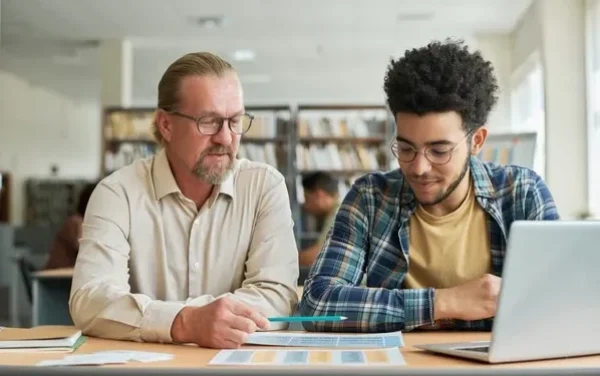 Un joven y un Hombre sentados, el hombre orienta al joven como parte de actividad de cursos vocacionales.